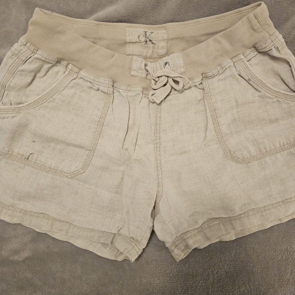 Calvin Klein Women's Medium 100% Linen Elastic Waistband Khaki Casual Shorts - Picture 3 of 10